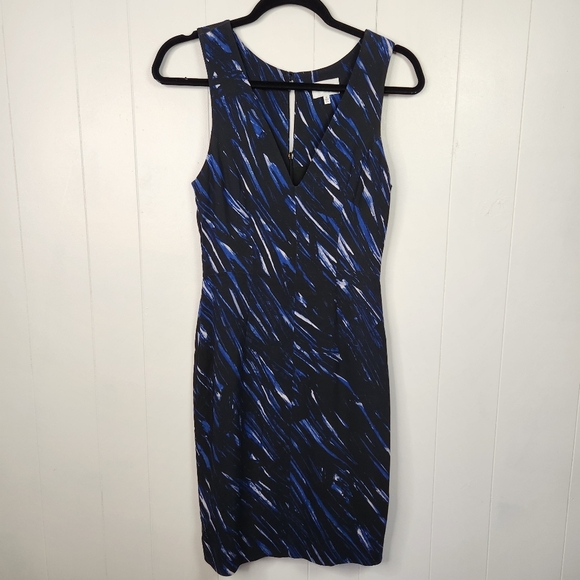 MILLY Blue Brushstroke Print V-Neck Sheath Work Career Office Midi Dress size 2 - Picture 4 of 13
